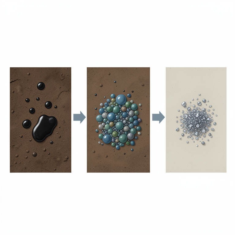 AI-generated conceptual illustration (crude oil contaminated soil and hydrocarbon-degrading bacteria). It explains the idea and does not show study data.