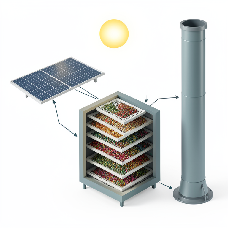 AI-generated conceptual illustration (solar-powered spice drying system). It explains the idea and does not show study data.