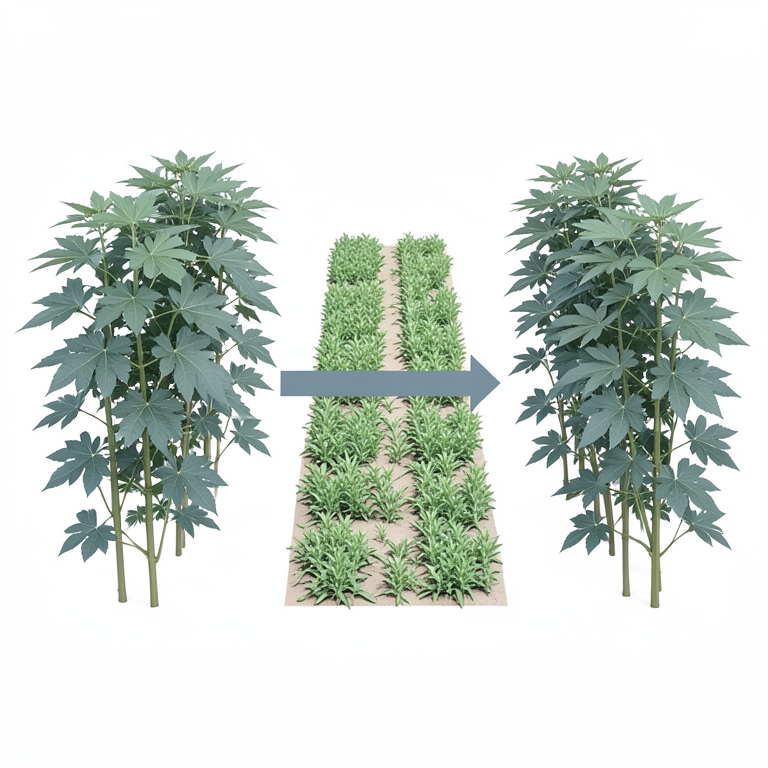 AI-generated conceptual illustration (Castor plants (Ricinus communis) and green gram plants in a field). It explains the idea and does not show study data.