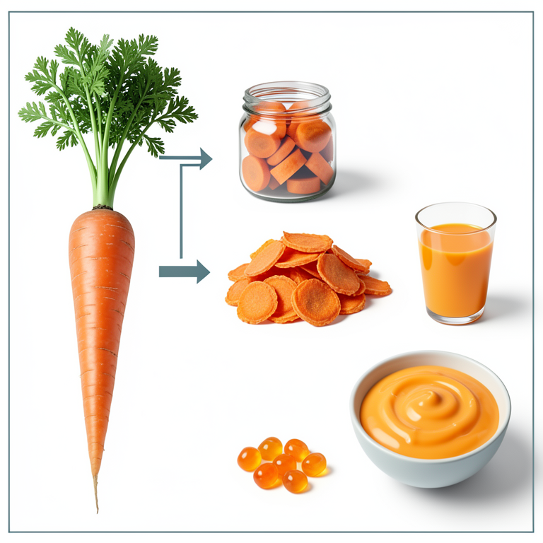 AI-generated conceptual illustration (Carrots and carrot-derived food products). It explains the idea and does not show study data.