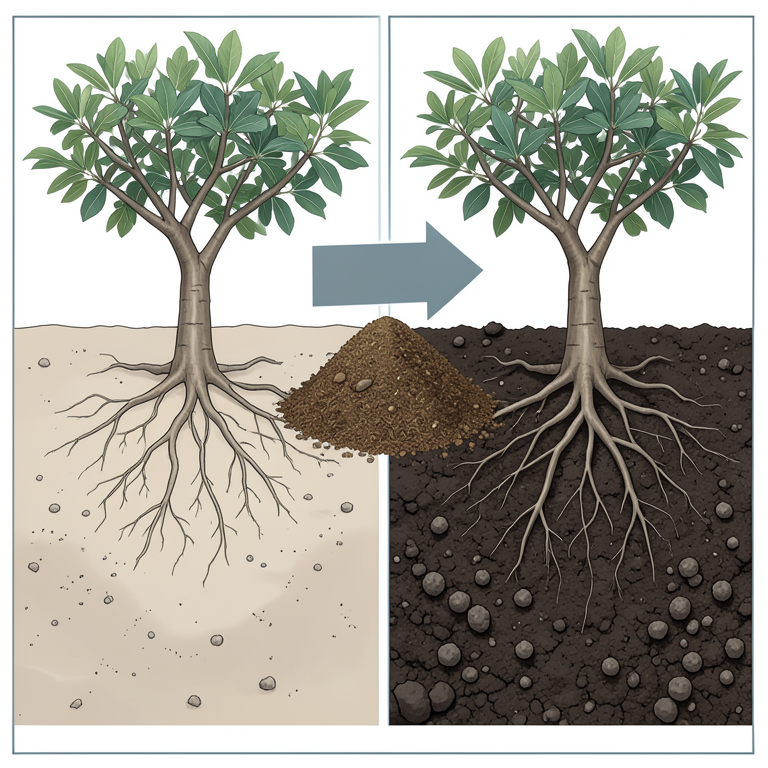 AI-generated conceptual illustration (Common fig trees (Ficus carica) in soil). It explains the idea and does not show study data.