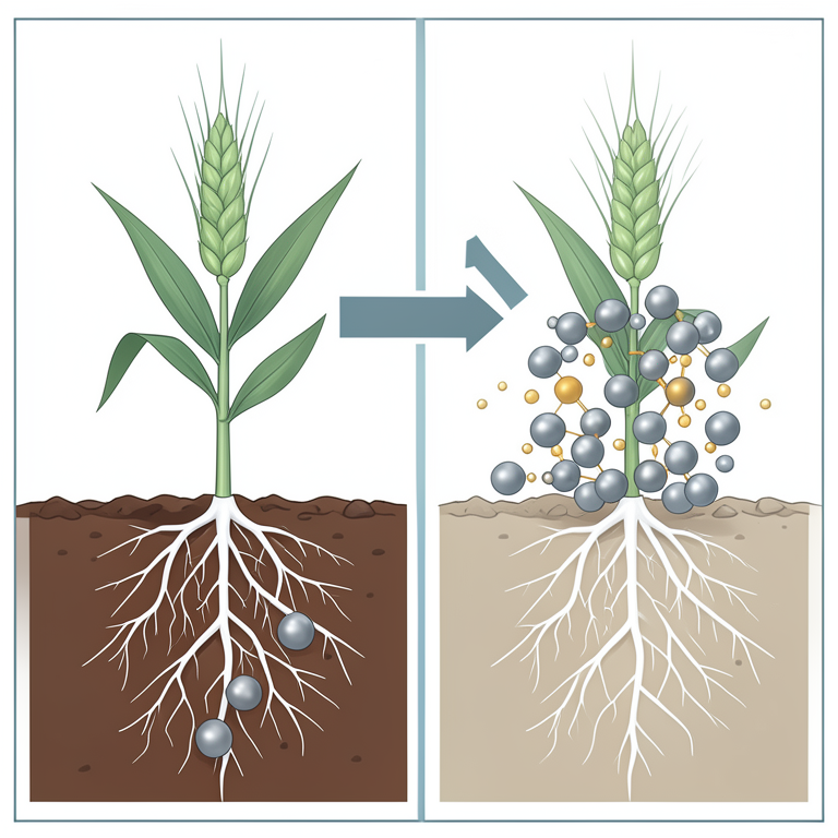 AI-generated conceptual illustration (Barley plant roots and Piriformospora indica fungus). It explains the idea and does not show study data.