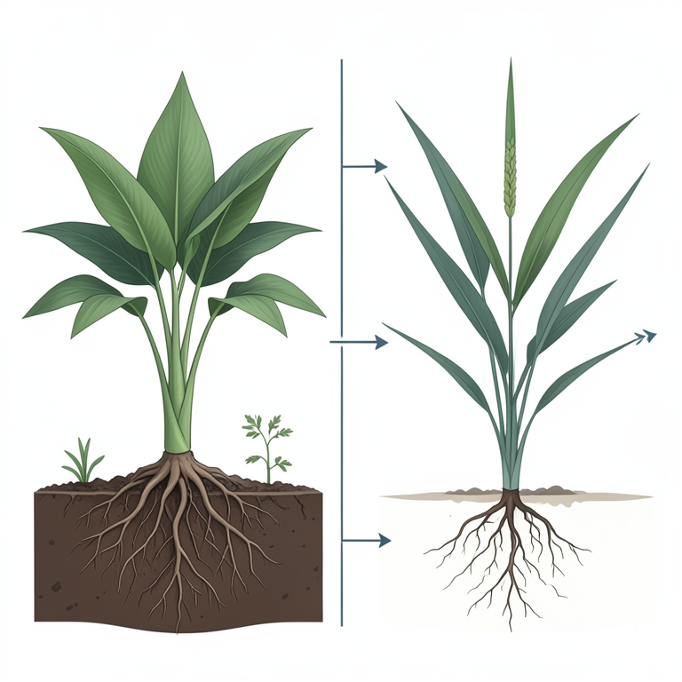 AI-generated conceptual illustration (Rice plants (Oryza sativa) and Barnyard grass (Echinochloa species) in soil). It explains the idea and does not show study data.