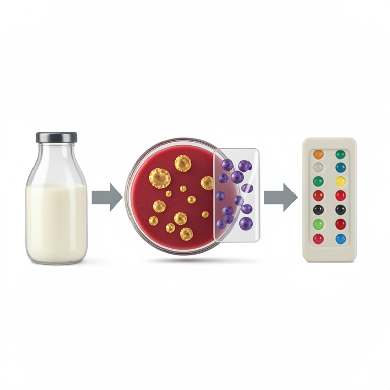 AI-generated conceptual illustration (Bovine mastitis milk and Staphylococcus aureus bacteria). It explains the idea and does not show study data.