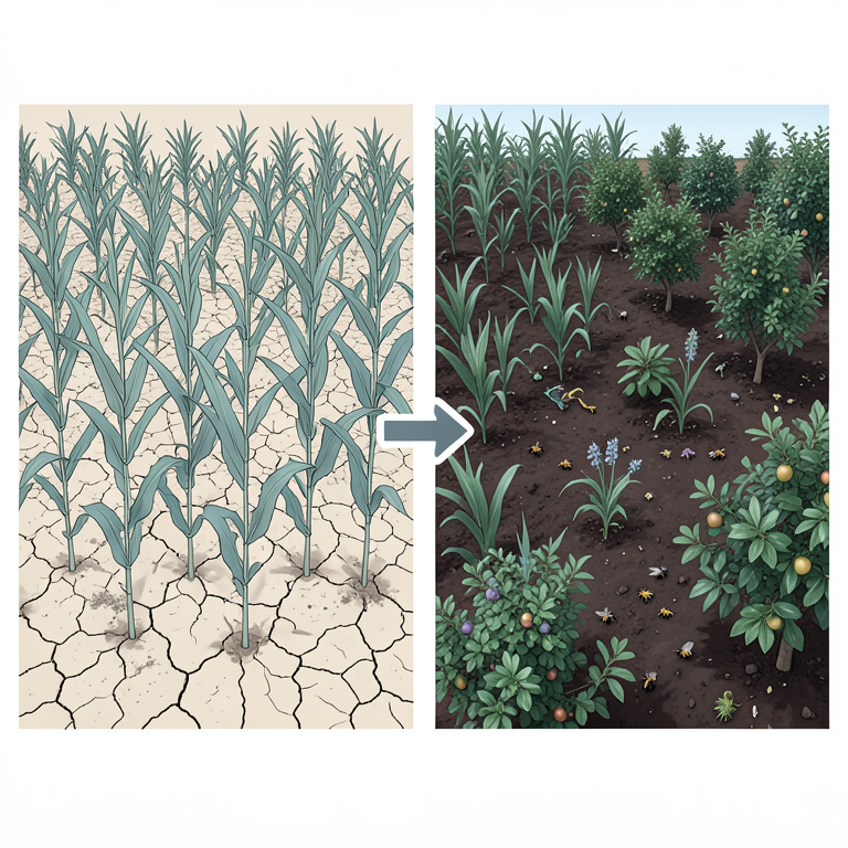 AI-generated conceptual illustration (Agricultural fields with maize, legumes, and fruit trees). It explains the idea and does not show study data.