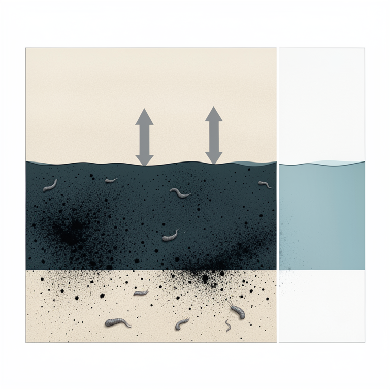 AI-generated conceptual illustration (Coastal marine sediment profile). It explains the idea and does not show study data.