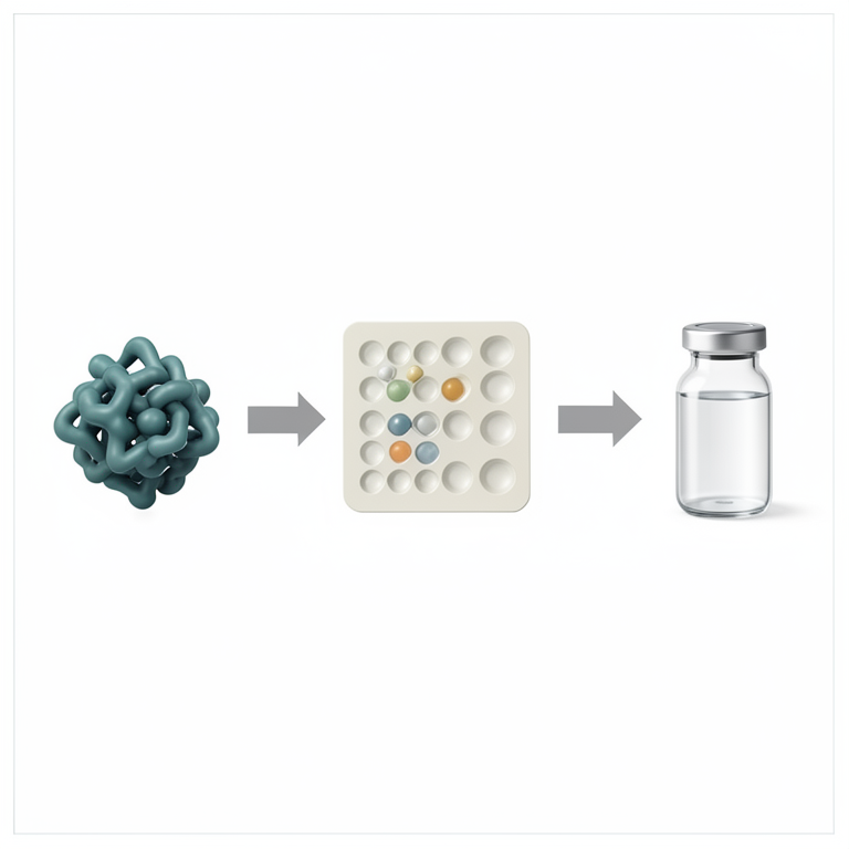 AI-generated conceptual illustration (pharmaceutical drug molecules and laboratory equipment). It explains the idea and does not show study data.