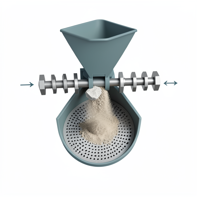 AI-generated conceptual illustration (impact hammer mill for limestone crushing). It explains the idea and does not show study data.