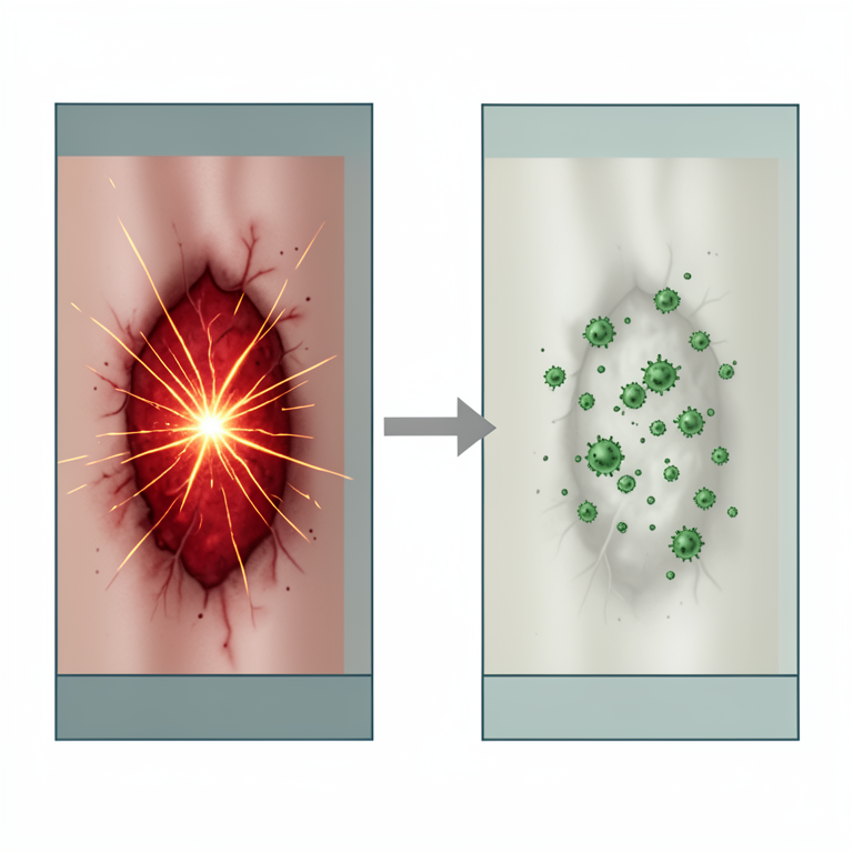 AI-generated conceptual illustration (human skin with severe burn wounds). It explains the idea and does not show study data.