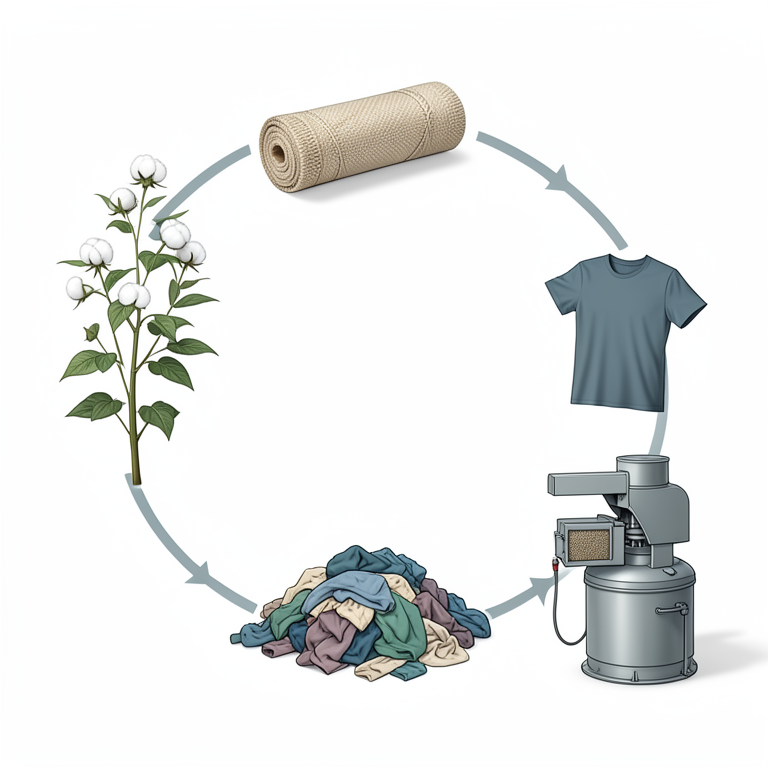 AI-generated conceptual illustration (Cotton garments and textile recycling machinery). It explains the idea and does not show study data.