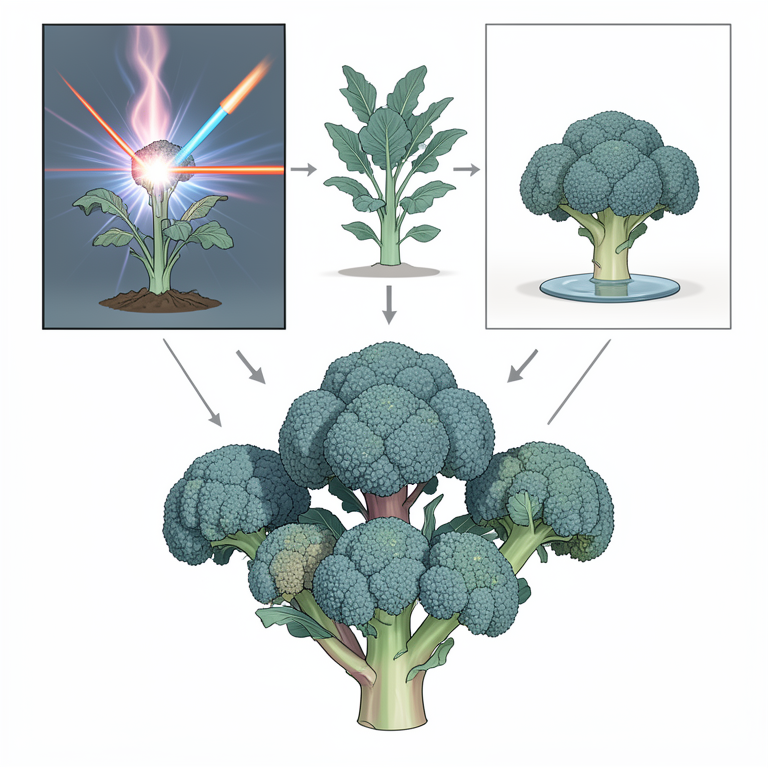 AI-generated conceptual illustration (Brassica oleracea (broccoli plants)). It explains the idea and does not show study data.