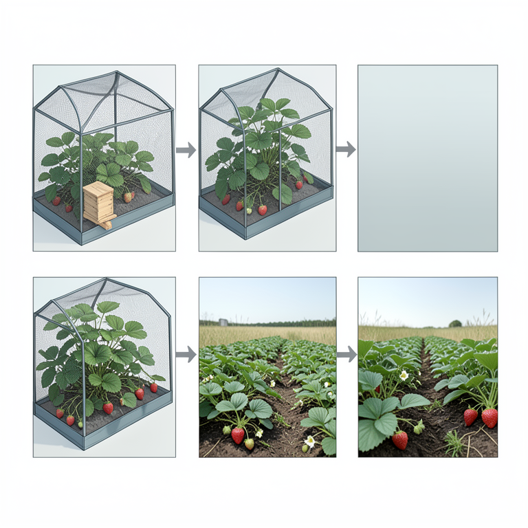 AI-generated conceptual illustration (strawberry plants and stingless bee hives in screenhouses). It explains the idea and does not show study data.